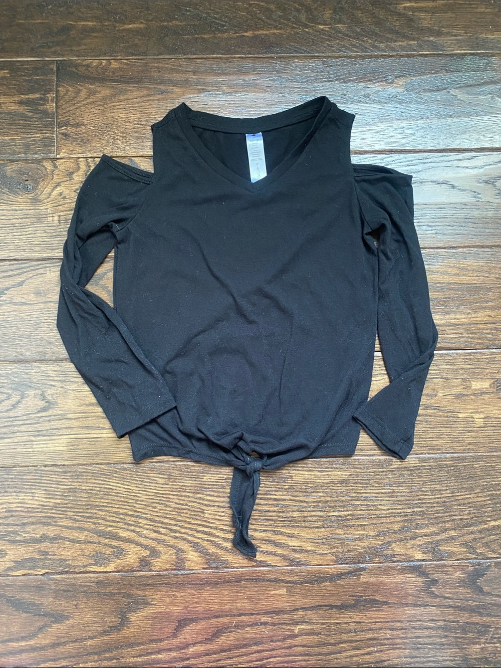 Yogalicious Black Cold-Shoulder Long Sleeve Tie-Front Top